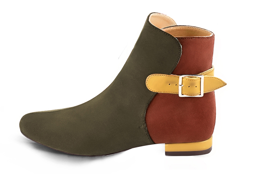 Khaki green, terracotta orange and mustard yellow women's ankle boots with buckles at the back. Round toe. Flat block heels. Profile view - Florence KOOIJMAN